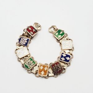 Vintage Multi Colored Enamel Fleur De Lis Coat Of Arms Panel Bracelet